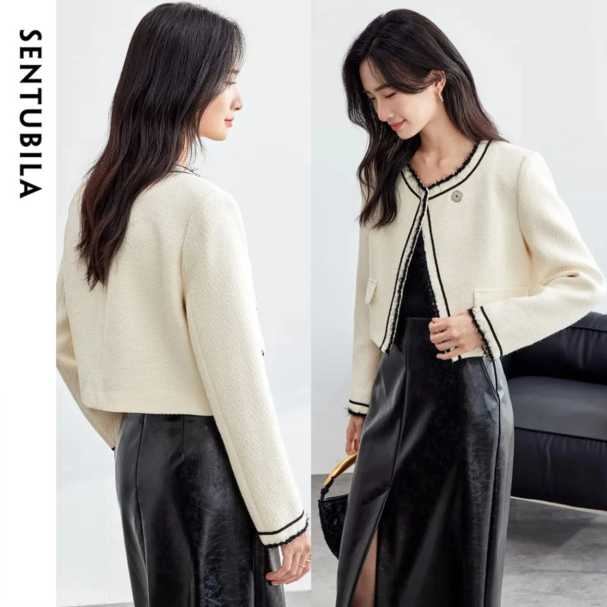 

SENTUBILA женские бежевые укороченные куртки, осень 2022, элегантные роскошные теплые пальто с длинными рукавами и круглым вырезом с боковой планкой 151W80084X