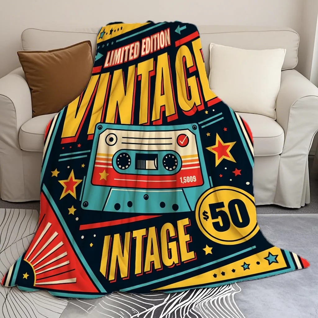 A Vintage-toned Cassette Tape Poster Design Printed Flannel Blanket, Versatile for All Seasons, Suitable for Napping and as a So