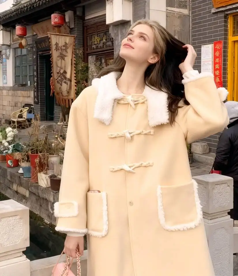 

Wool Blend Coats Womens Woolen Coat Natural Long Fall Flannel Checked Stand-Up Collar Outings College Preppy Modern Style Study