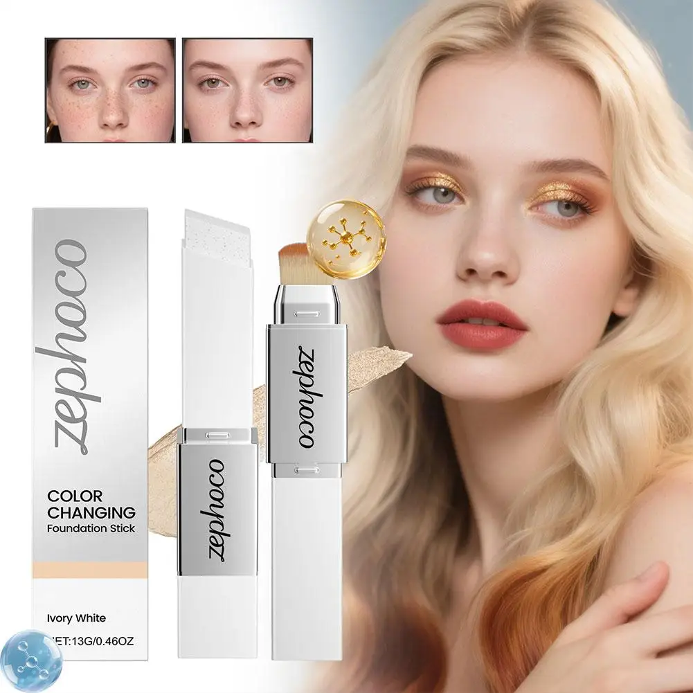 ZEPHOCO 2 في 1 عصا كريم أساس متغيرة الألوان مغذية عميقة وخفيفة الوزن مزدوجة الرأس كونسيلر مكياج مرطب