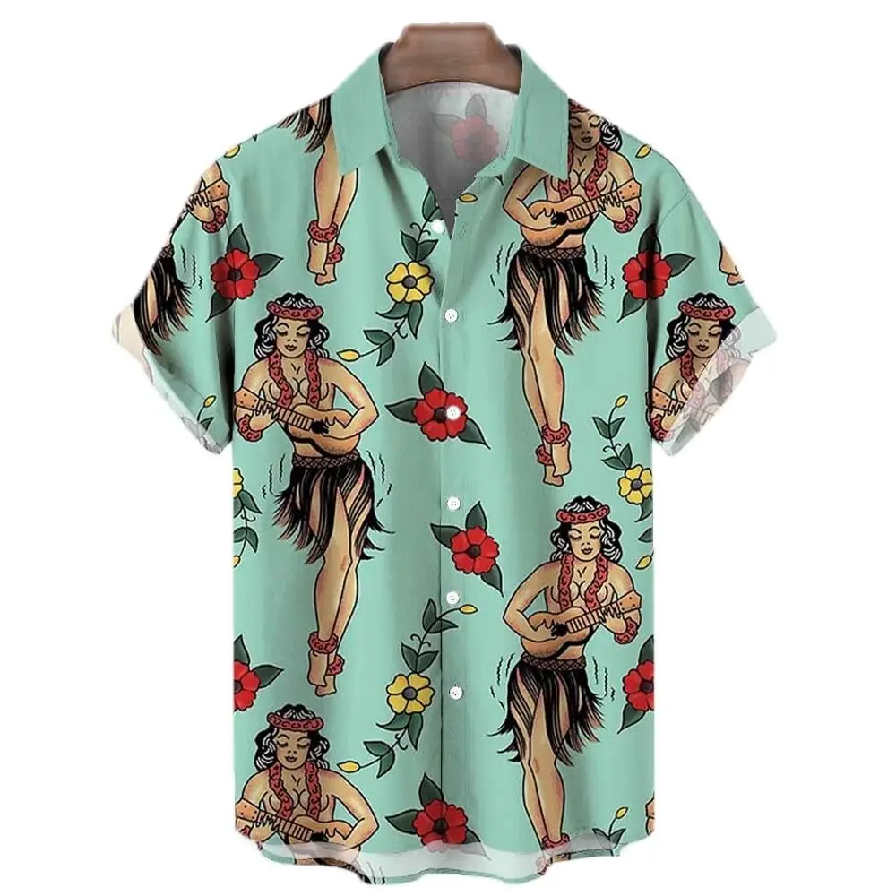 Hawaiian Shirts For Men Mermaid Print Beach Short Sleeve Tops Blouse 2022 New Oversized Shirt Mens Designer Clothes High Quality