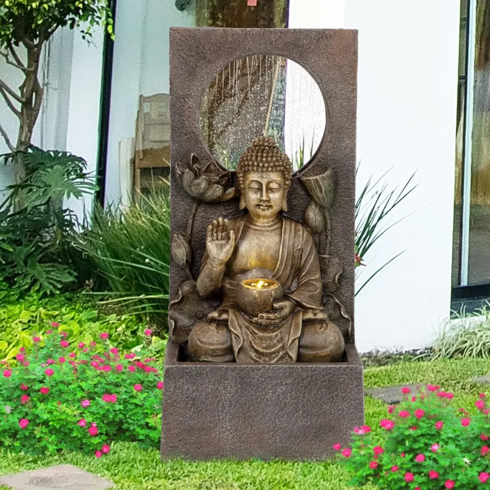 

Ferrisland Buddha Waterfall Fountain Outdoor, Freestanding Relaxing Water Fountain, Asian Zen Fengshui Patio Garden Backyard Dec