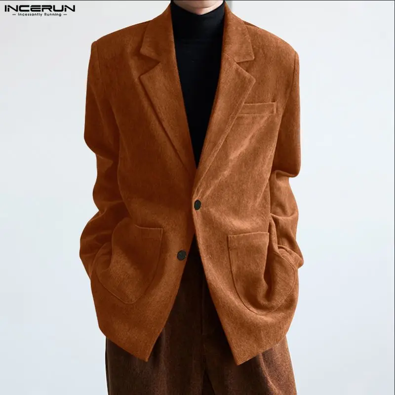 

Мужской пиджак, однотонный повседневный костюм с лацканами и длинными рукавами на пуговицах, мужская уличная одежда, свободные модные мужские тонкие пальто в корейском стиле INCERUN