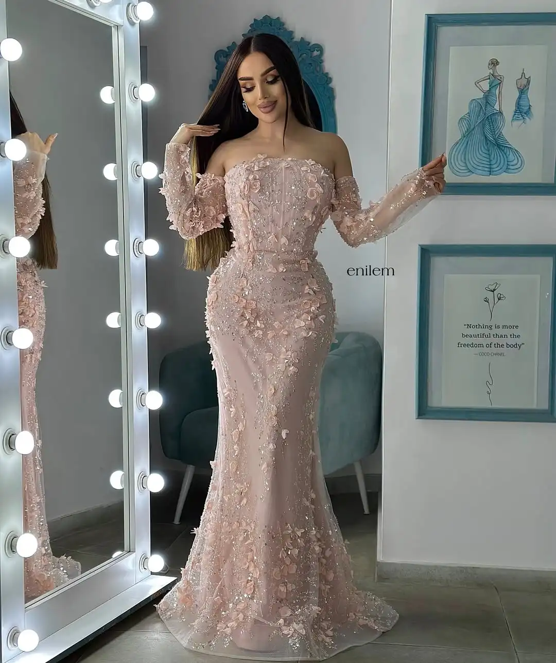 새로운 디자인의 스위트 오프숄더 3D 플라워 비딩 스팽글 럭셔리 프린세스 이브닝 드레스 슬림 머메이드 프롬 정장 파티 드레스