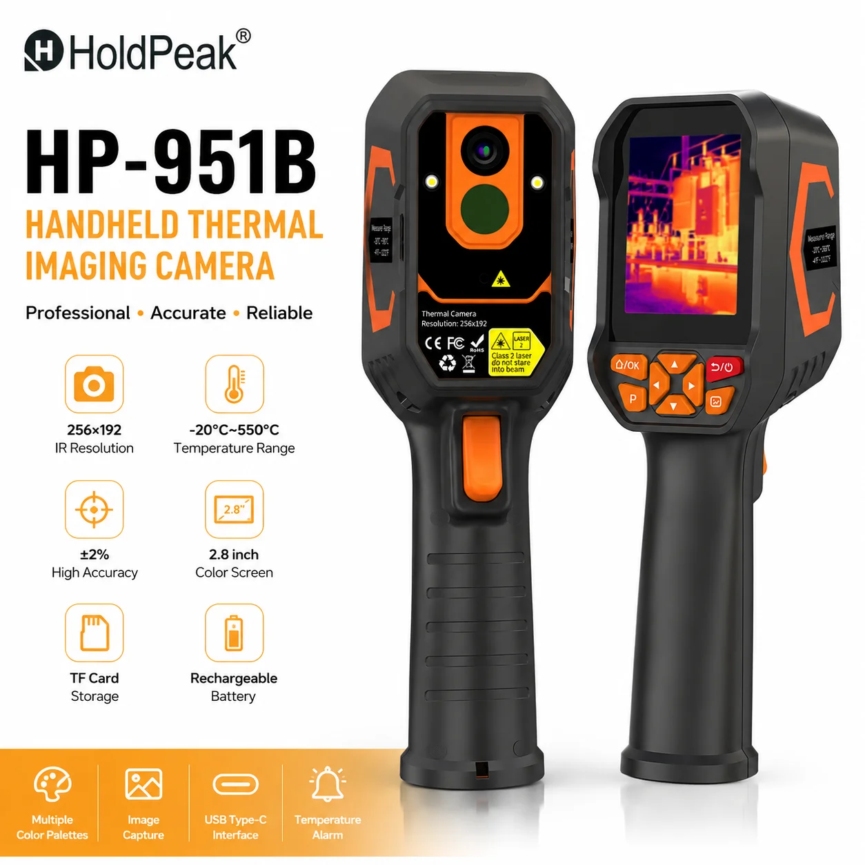 

Thermal Imaging Camera 256x192 25Hz -20℃ to 550℃，Infrared Imager with Visible Light Fusion 8G Memory Laser Pointer LED Light