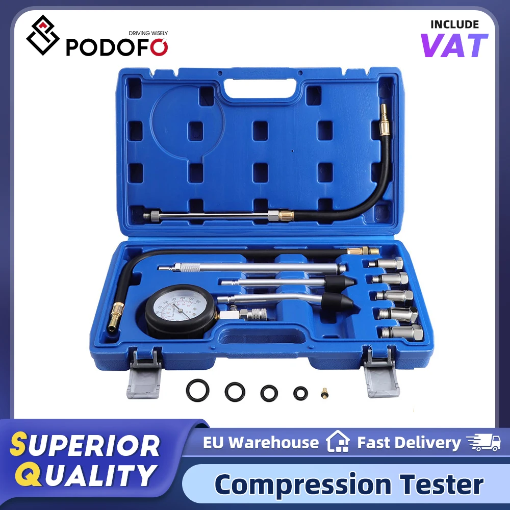 Kit de testeur de pression de compression du moteur à essence Podofo, 11 pièces, détecteur de cylindre de voiture, outil de test pour atelier automobile