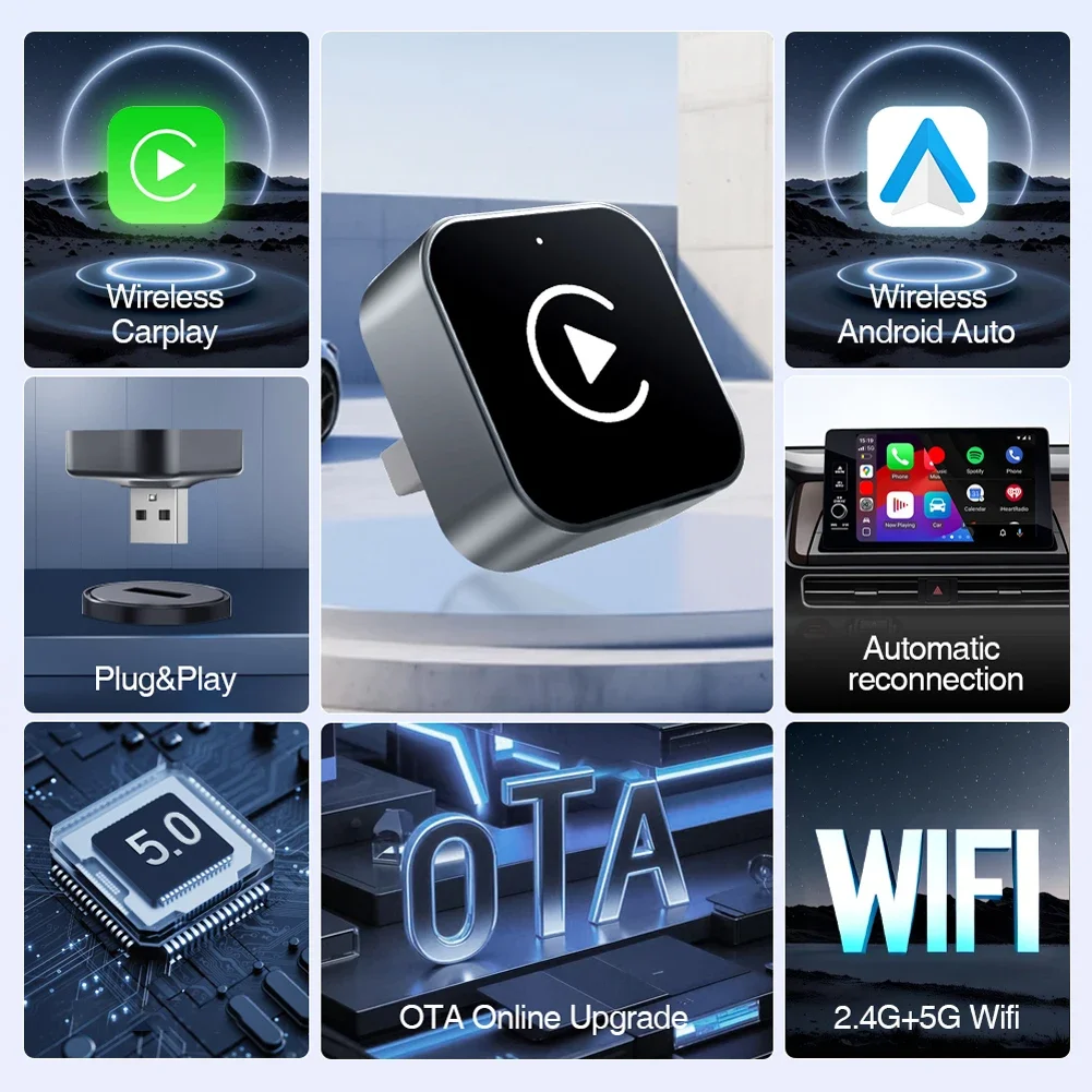 2 في 1 محول Carplay Android Auto اللاسلكي إلى محول carplay اللاسلكي لهاتف iPhone اللاسلكي للتحكم في التوصيل والتشغيل Carplay