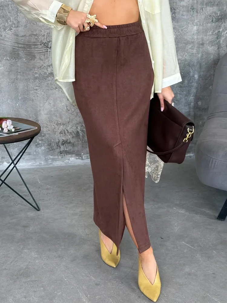 Trendix Autumn Suede Skirt Women 2025 Fall Street Fashion Slit Long Skirts Party Retro High Waist Commuting Vintage Skirt Femme