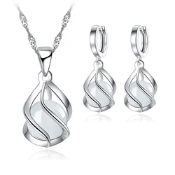 Conjuntos de joyas de plata 925 pura para mujer, collar/cadena/pendientes Huggie con piedras de ópalo blanco étnico Vintage