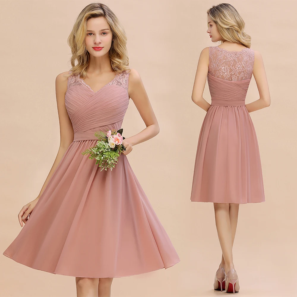 

Hot Sale Chiffon Lace Bridesmaid Dresses Pleat V Neck Short Formal Wedding Evening Party Prom Gown For Bride Cocktail Vestidos