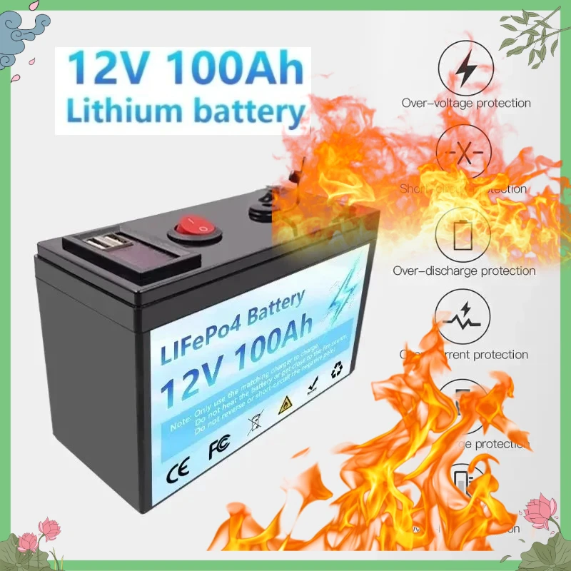 Batterie au lithium LiFePO4 12V 100Ah, 4000+ cycles profonds, BMS intégré, durée de vie de 10 ans, pour UPS, sondeur de pêche pour kayak, panneau solaire, radio