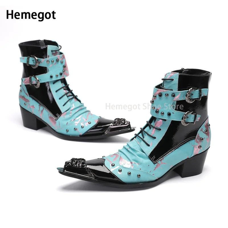 Blue Graffiti Iron Pointed High Boots Men's Banquet Booties Fashion Lace Up Leather Boots Party Shoes Color Graffiti Design Shoe