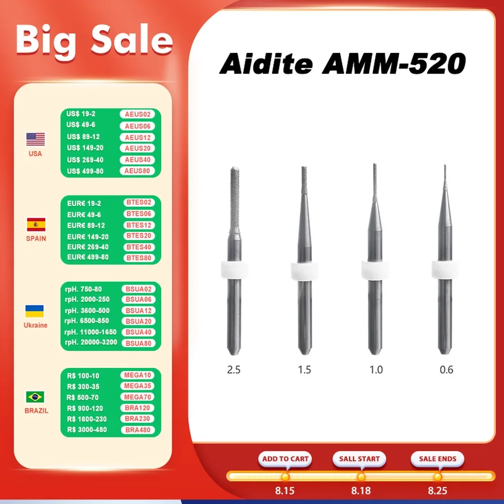 

Стоматологические фрезерные боры для Aidite AMM-520 для шлифования дисиликат лития CAD CAM лабораторные материалы D4-50-0.6/1,0/1,5/2,5 мм