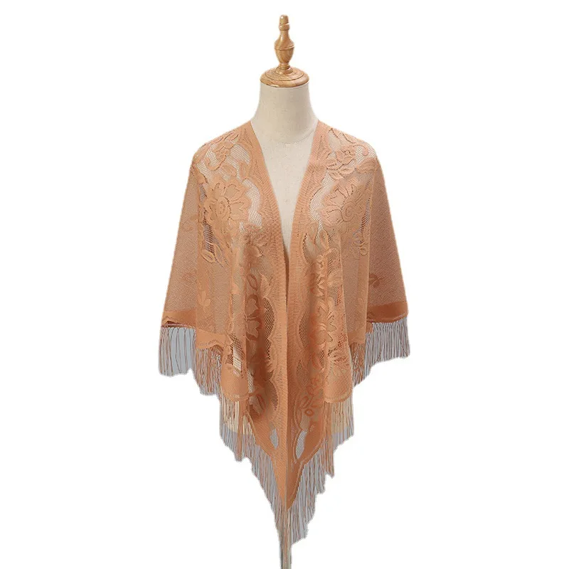 New Nylon Hollow Solid Color Breathable Tassel Shawl for Women