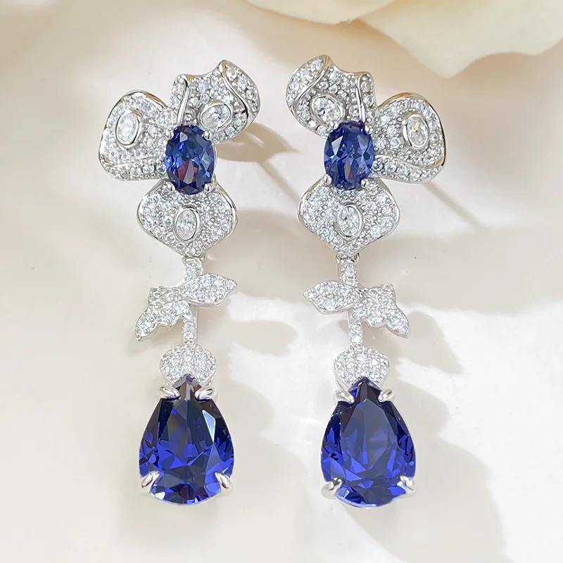 S925 Silver Ear Stud 9 * 13 Pear shaped Tanzanian Blue Grand Full Diamond Light Luxury High end Versatile Earring Jewelry