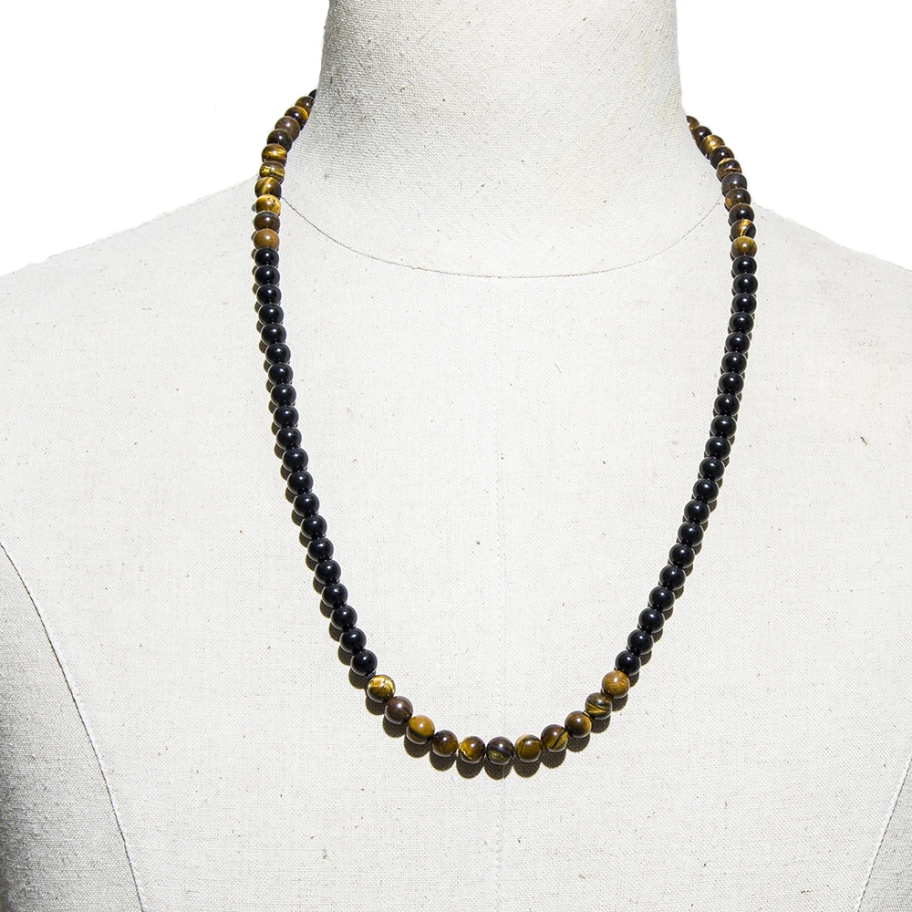 8mm Gelbe Tigerauge Schwarzer Onyx Perlenkette Herren und Damen Choker Lange Halskette Schmuckset – Detail 3