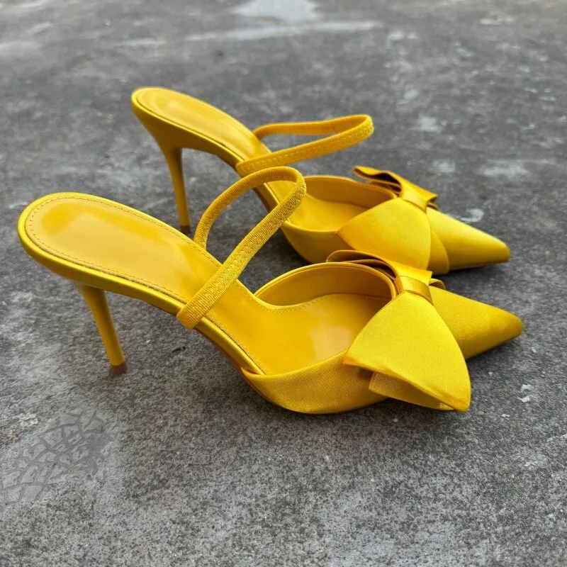 

French Elastic High Heels Bow 2026 New Outside Beautiful Pointed Toe Stiletto Wrapped Toe Sandals for Women