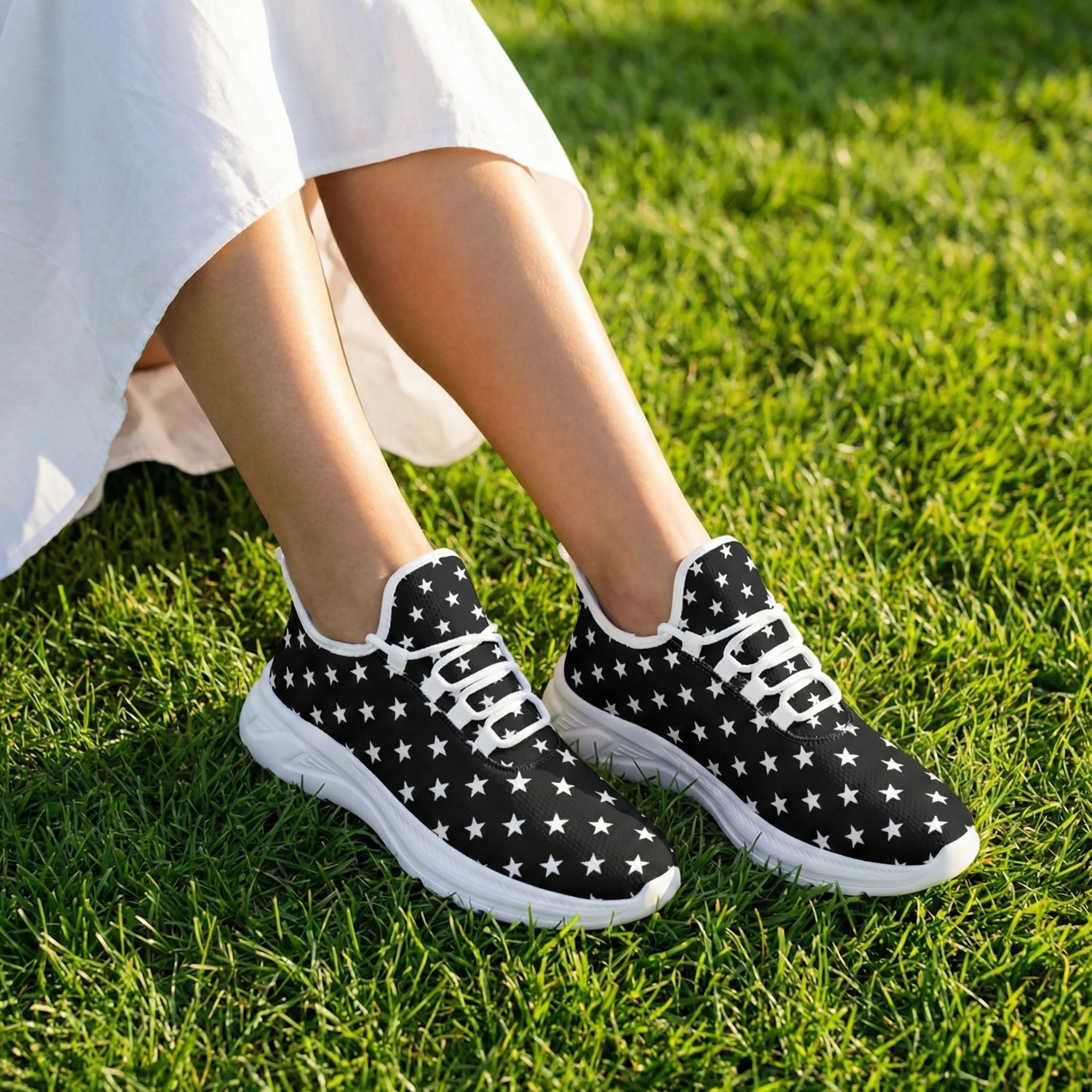

Star print black casual athletic shoes, stylish design, comfortable and breathable low-top running shoes fashion shoes