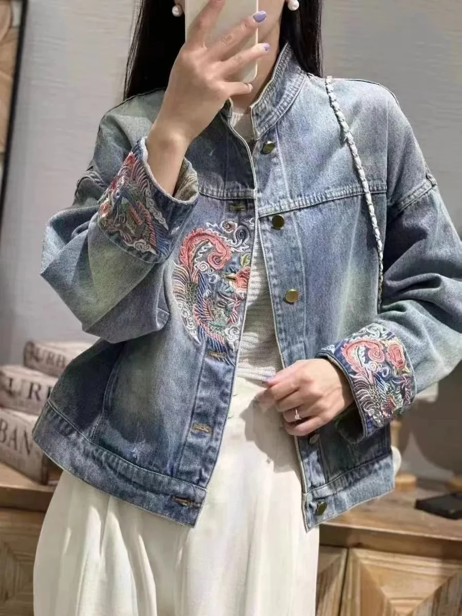 Spring Autumn Denim Coat blue Chinese Retro National Style Embroidery Denim Jacket 2025 New Women Jacket Fashion Loose Coat