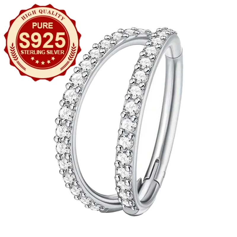 1pc S925 silver double-layer synthetic zircon nose ring/ear clip, suitable for ladies to wear daily or at music festivals