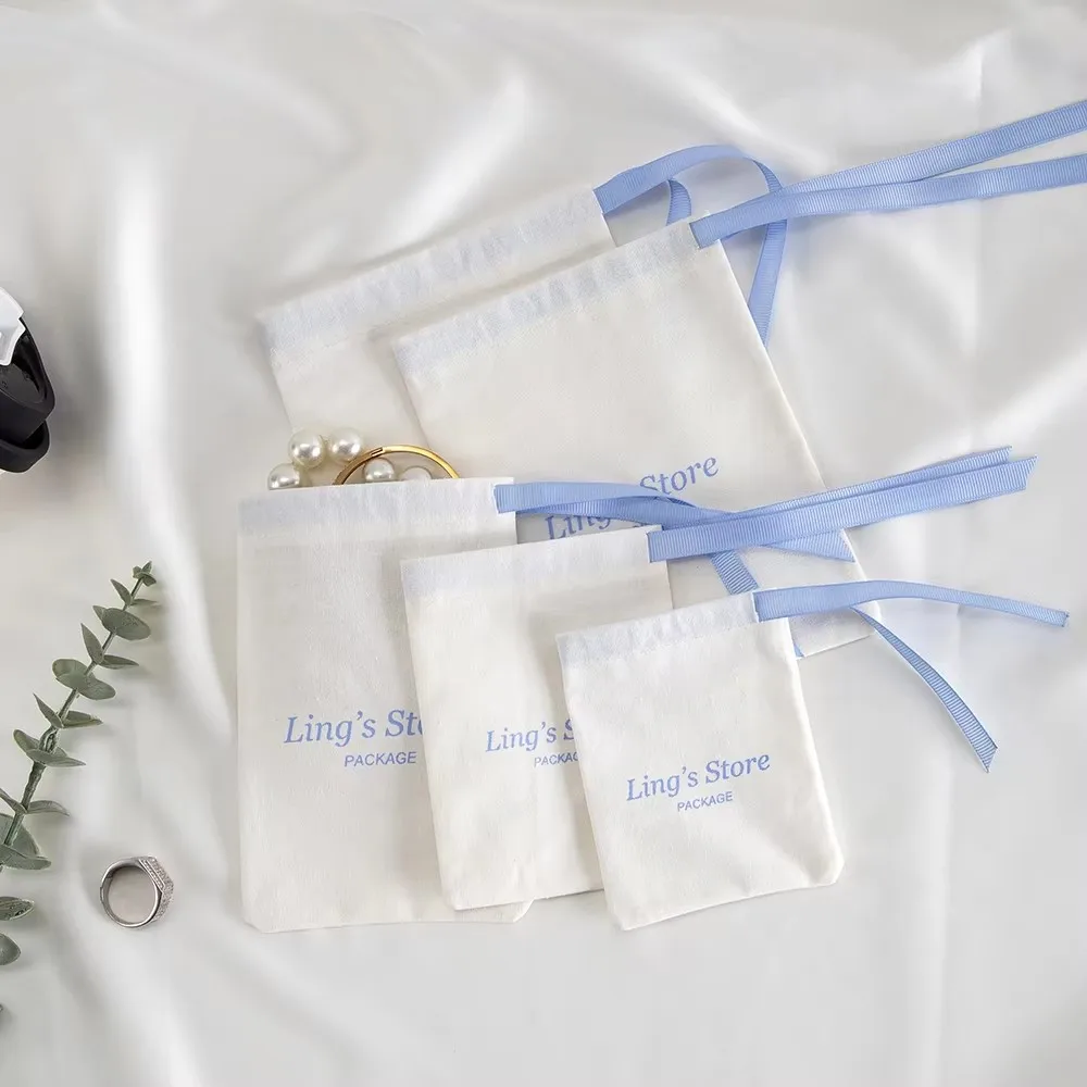 100Pcs Pure White Cotton Jewelry Bag Canvas Single Side Ribbon Pouch For Watch Record Sunglasses Headset Gift Giving Organizer