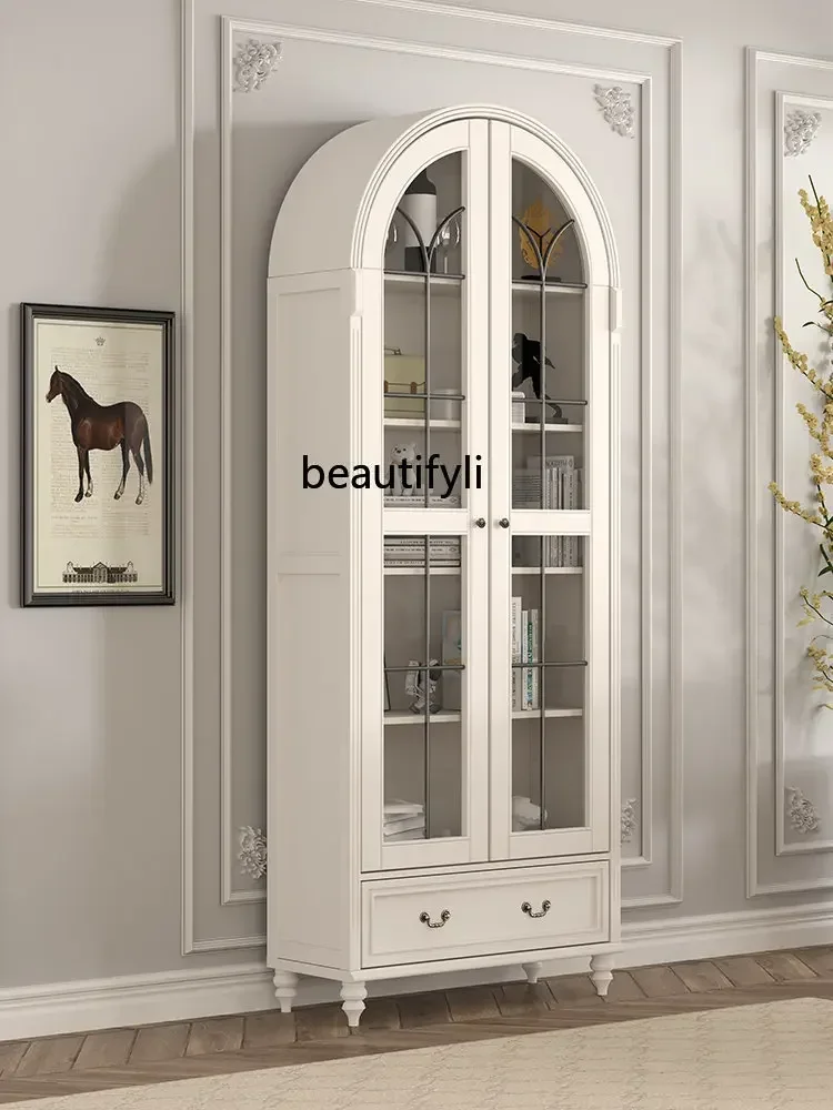 Solid Wood American-Style Arched Vintage Glass Door with Door Dust-Proof Bookcase Wine Cabinet Storage Cabinet