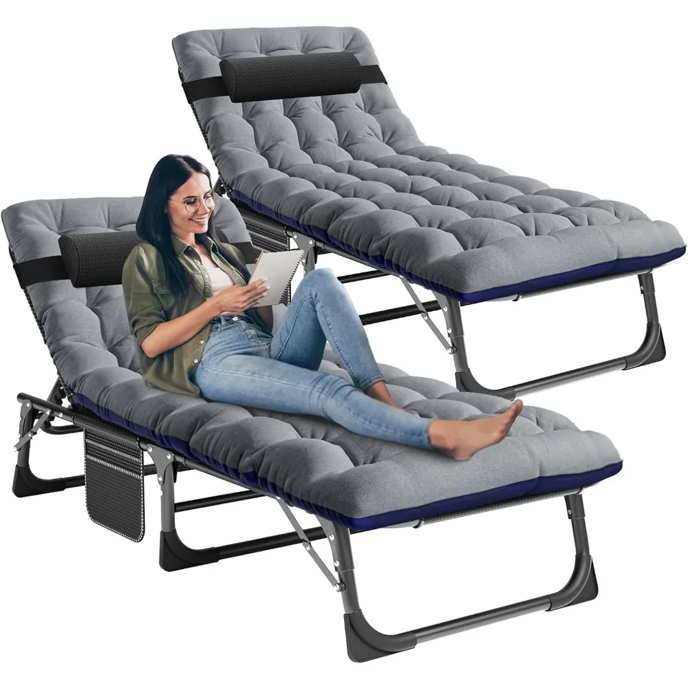 

Folding Lounge Chair with Mattress, 5 Position Adjustable Folding Cot Portable Outdoor Folding Chaise Lounge Chair for Outside,