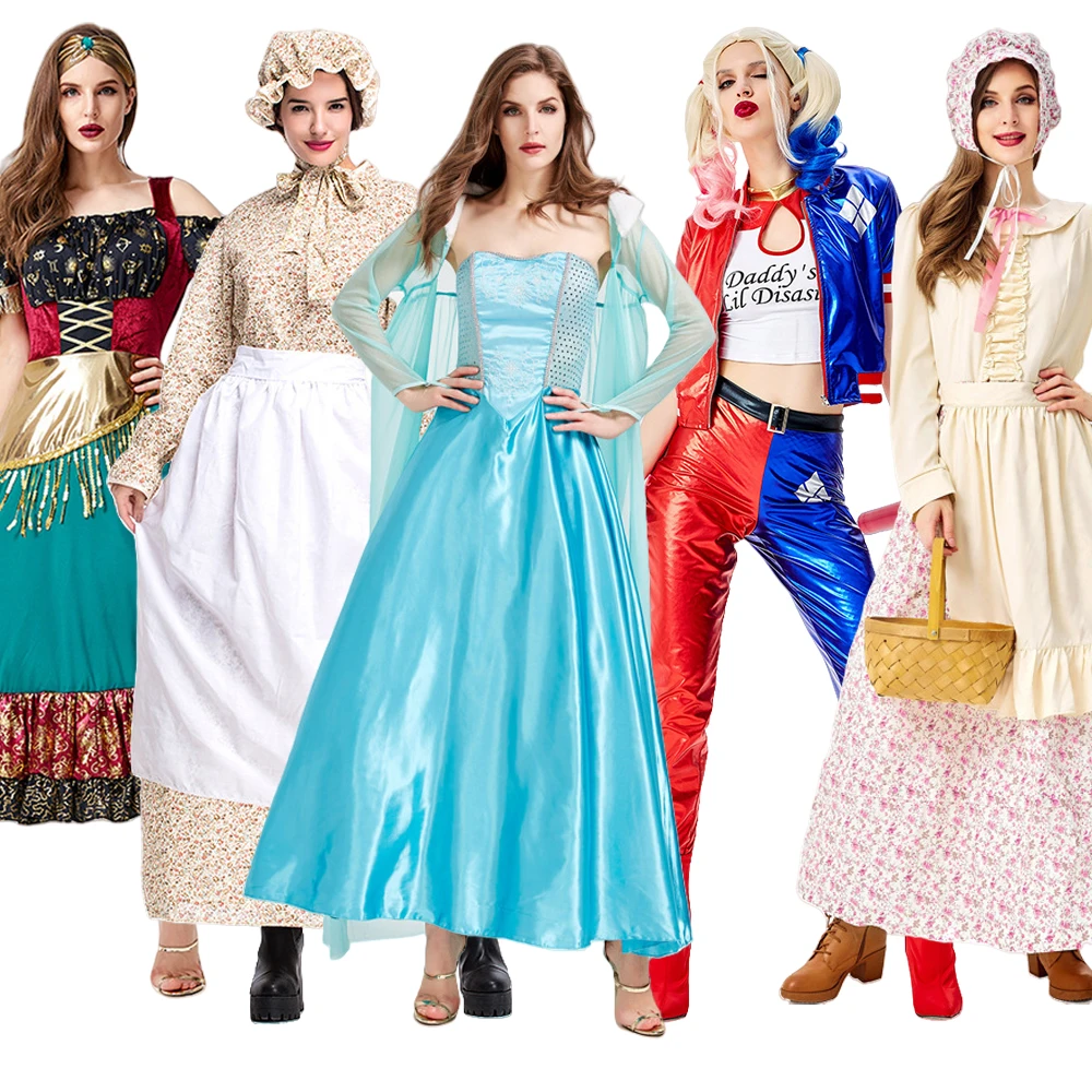 Disfraz de flamenco azul claro Lobo y madre loween S payaso Harry Quinn Ropa de escenario étnica para mujer Poliéster