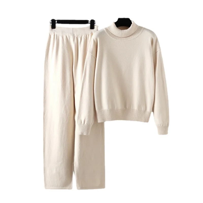 HLBCBG 2 Pieces sSweater Sets Women Knitted Turtleneck Sweater + Loose Trousers CHIC Pullover Sweater+ Knitted Carrot Pants Set