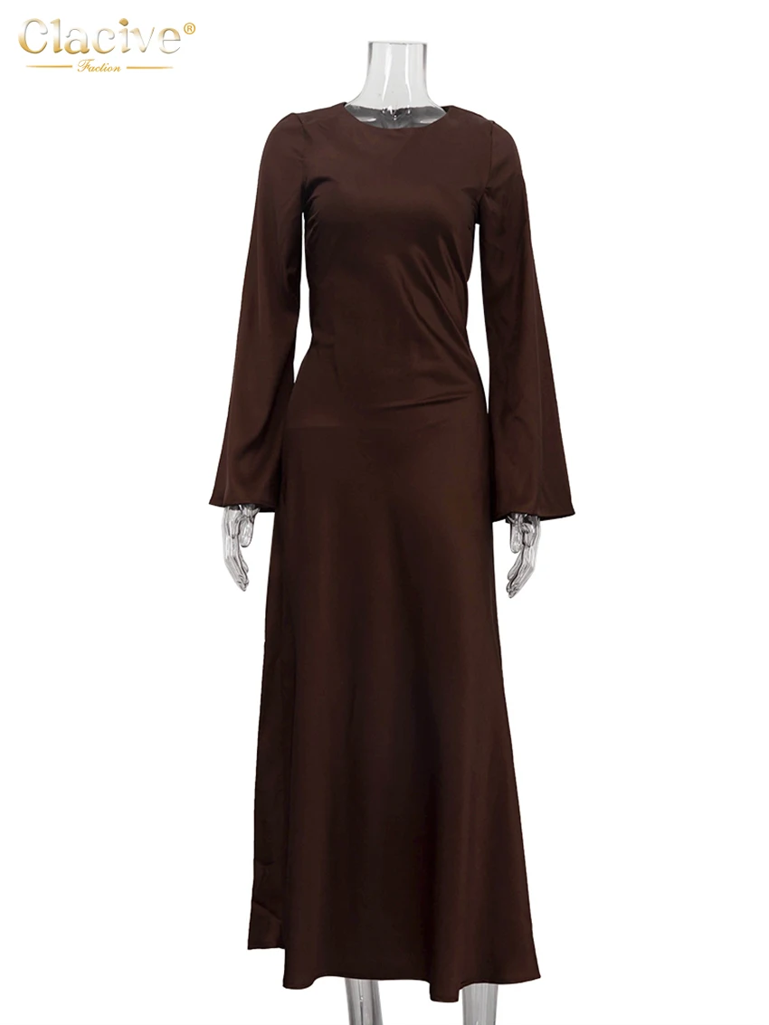 Clacive Fashion Slim Brown Satin Sukienka damska Bodycon V-Neck Sukienki z długim rękawem do kostek Elegancka sukienka damska Clssic Solid