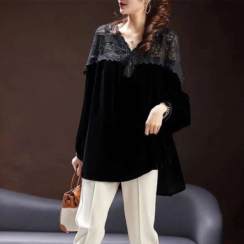 Stylish Lace Hollow Out Patchwork Blouse Commute Loose Autumn Winter Casual V-Neck Female Clothing All-match Vintage Midi Shirt