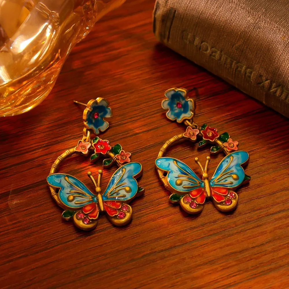 Vintage Enamel Butterfly & Floral Hoop Dangle Earrings, Antique-Style Fashion Jewelry for Women, Party & Casual Wear Accessory