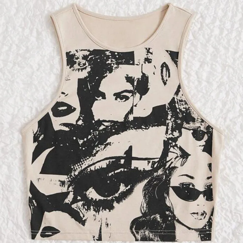 Portrait Graffiti Print Sleeveless Round Neck Retro Street Casual Versatile Women's Slim Fit Top Y2K Harajuku Gothic Short Vest