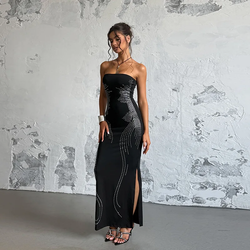 Summer Elegant Long Dresses Women Sexy Hot Stamping Strapless Party Evening Dress Black Women Платье Вечернее Длинное 검정드레스