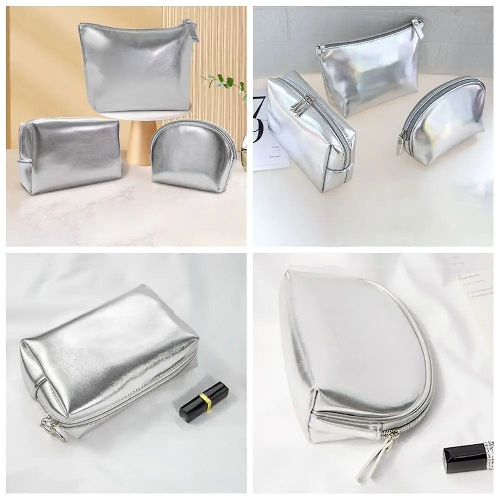 Korean PU Leather Shell Makeup Bag Silver Color Rectangle T Shape Cosmetic Handbag Solid Color Lipstick Bag