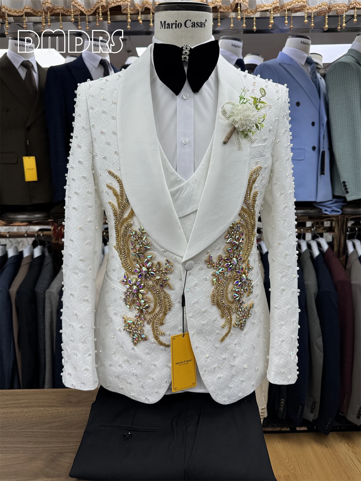 

Haute Couture 3-Piece Suit Set for Men, High Quality Pearls Crystals Blazer Jacket, Vest Pants Set, Luxury Party Outfit