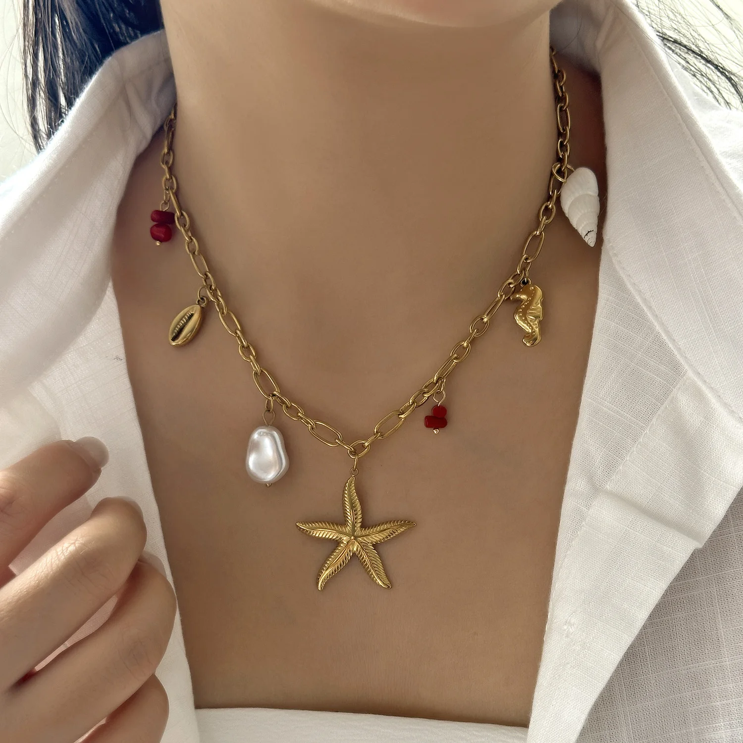 Mode Edelstahl Metall Conch Halsketten für Frauen Nette Shell Quaste Keramik Fisch Halsketten Party Täglichen Schmuck Geschenke – Detail 35