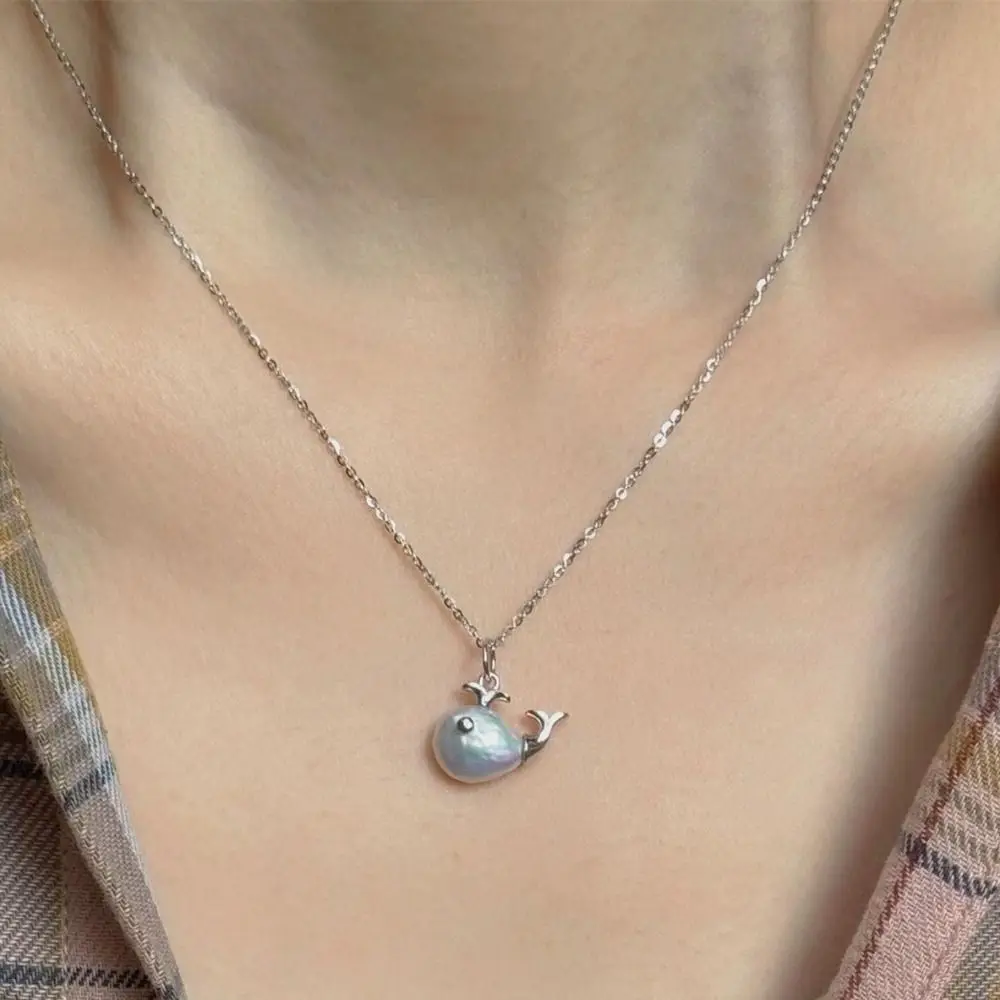 Pearl Baroque Whale Necklace Color Preserved Birthday Gift Clavicle Chain Marine Life Pendant Small Fish Studs Earrings Women