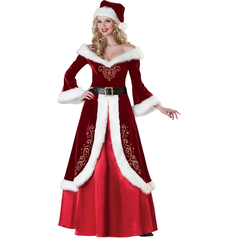 Christmas Costume Women Red Velvet Christmas Dress With Hats Sexy Xmas Winter Dress Santa Claus Costumes Party Cosplay Outfits