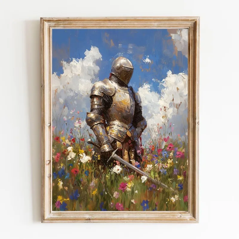 Vintage Dark Academia Medieval Knight in Wildflower Meadow Fantasy Sword Poster Canvas Painting Wall Art Pictures Home Decor