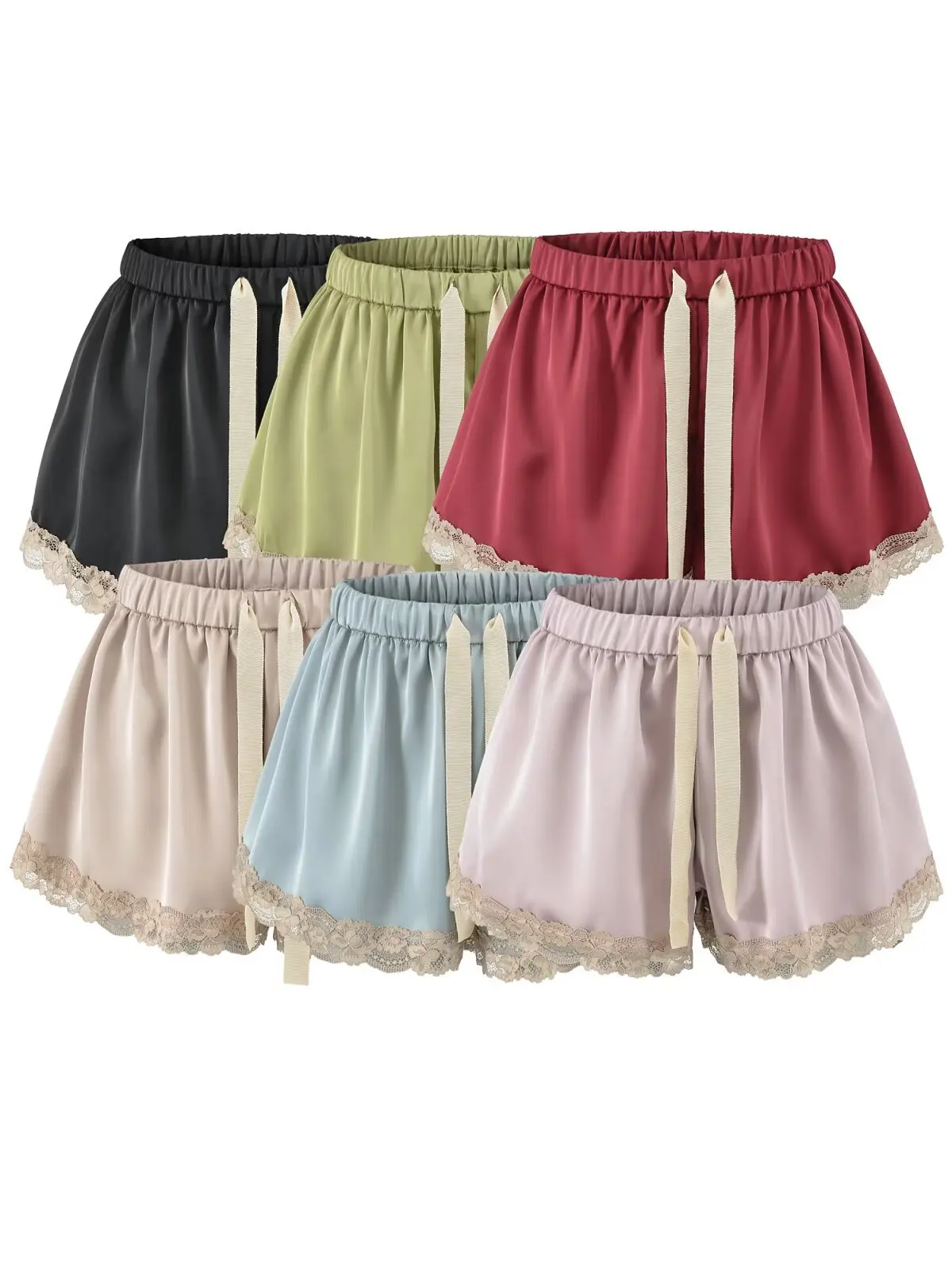 Sweet Girl's Lace Trim Color Block Satin Short Pants Loose High Waist Casual Trousers Breathable Comfortable Polyester Fiber