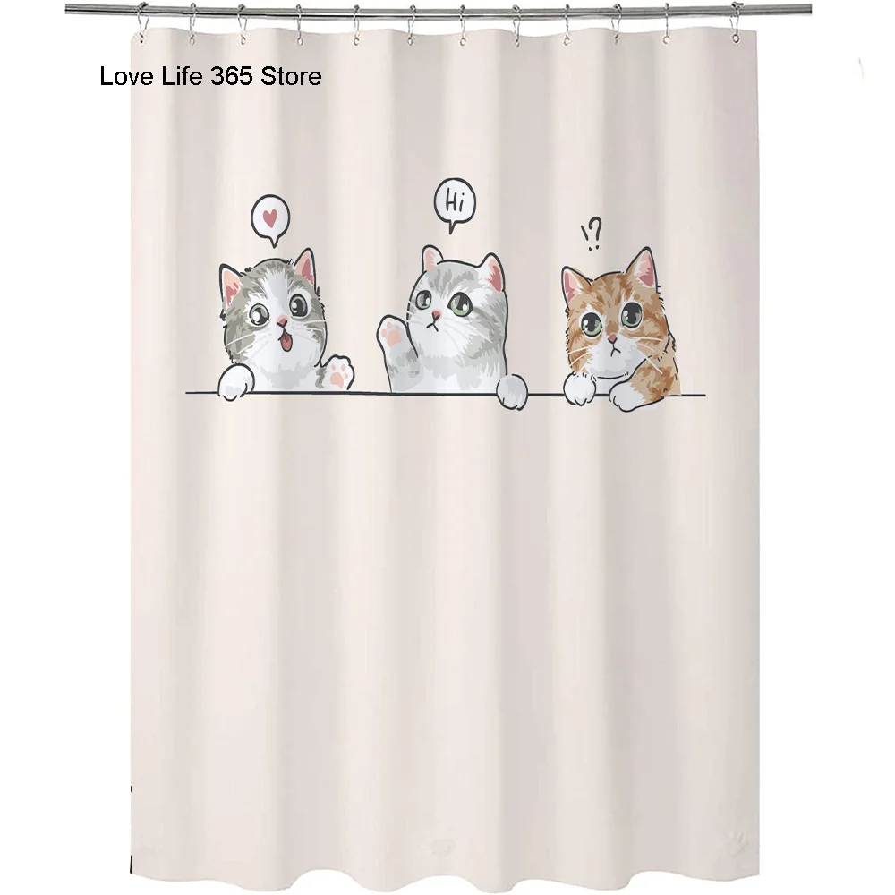 Puppy Cat Cute Cartoon Shower Curtains Washable Fabric Polyester For Bathtub Art Bathroom Decor Partition With Hooks Waterproof