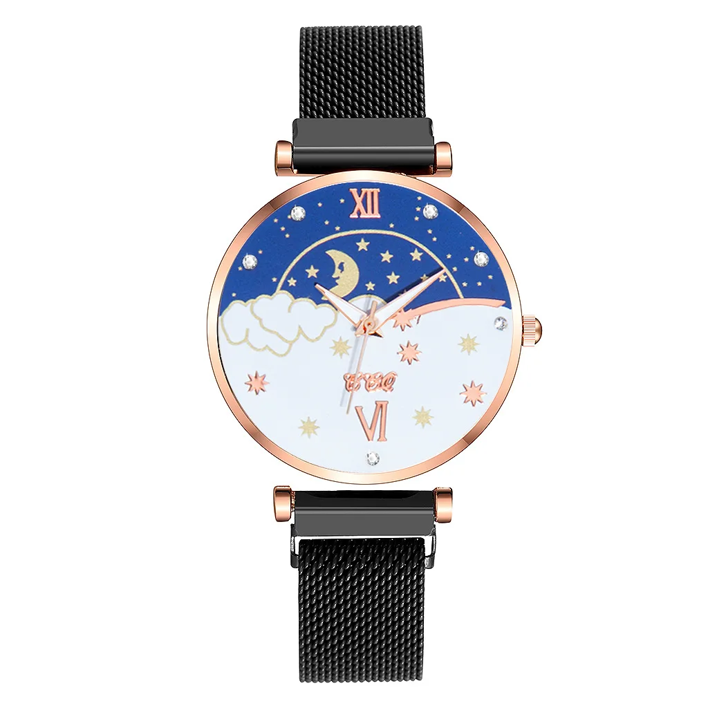 Tendencia De Mujer 2023 السيدات شخصية حزام من الجلد ساعة موضة جديدة الشمس القمر ستار حجر الراين ساعة ساعة امرأة عادية