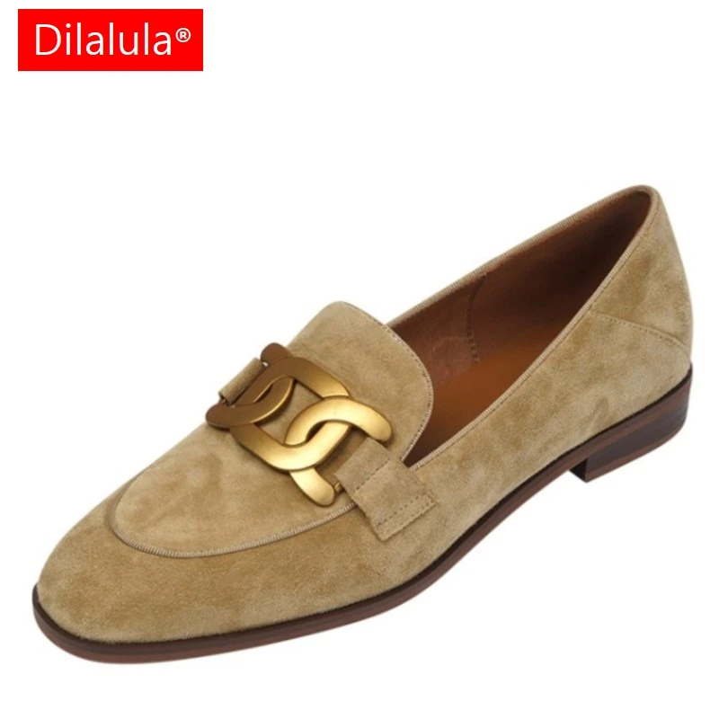 Dilalula Suede Leather Women Loafers Spring/Autumn Low Heel Women Shoes Round Toe Chunky Heel Women Pumps Metal Buckle Shoes