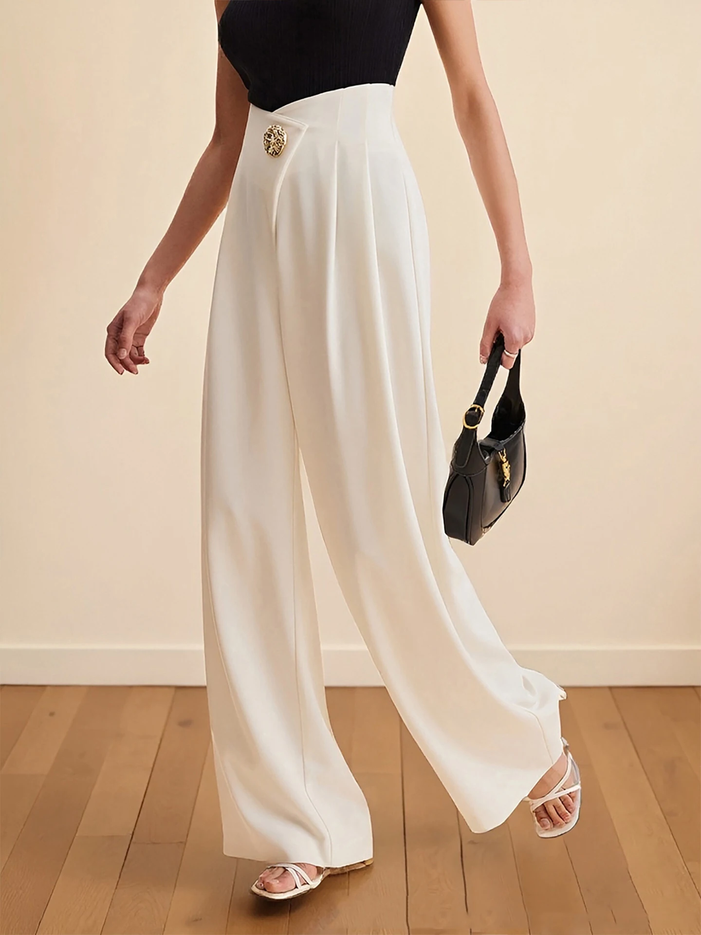 

Новинка 2023 года, летние прямые белые брюки, элегантные офисные повседневные свободные женские модные карманы, женские широкие брюки