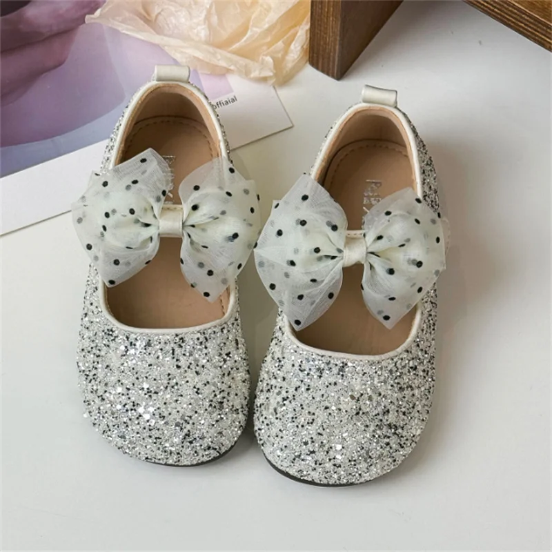 2025 New Spring Kids Shoes For Girls Bling Bling Cute Butterfly-knot Polka Dot Princess Shoes Soft Sole Fashion Children Shoes