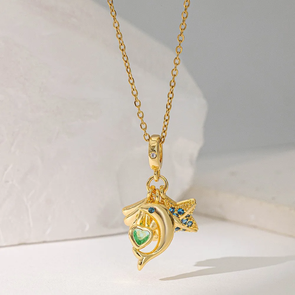 ฤดูร้อนสไตล์ชายหาดแฟชั่นและหรูหราอุปกรณ์เสริมรูปหัวใจ Dolphin ปลาดาว TITANIUM STEEL สร้อยคอผู้หญิงชุด