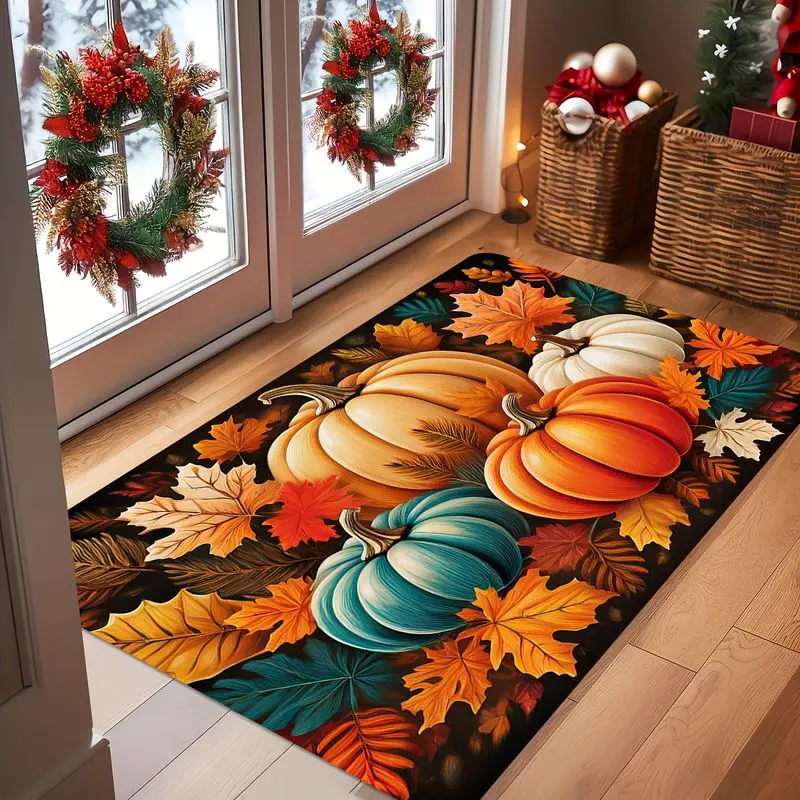 VIKAMA Autumn Front Door Doormat Pumpkin Maple Leaf Non‑Slip Indoor Outdoor Entrance Welcome Floor Mat Holiday Home Decor