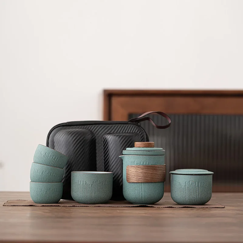 Retro Luxury One Pot Four Cups Tea Maker Ceremony Ceramic Portable Storage Bag Gongfu Travel Tea Set Outdoor Camping Teaset Gift