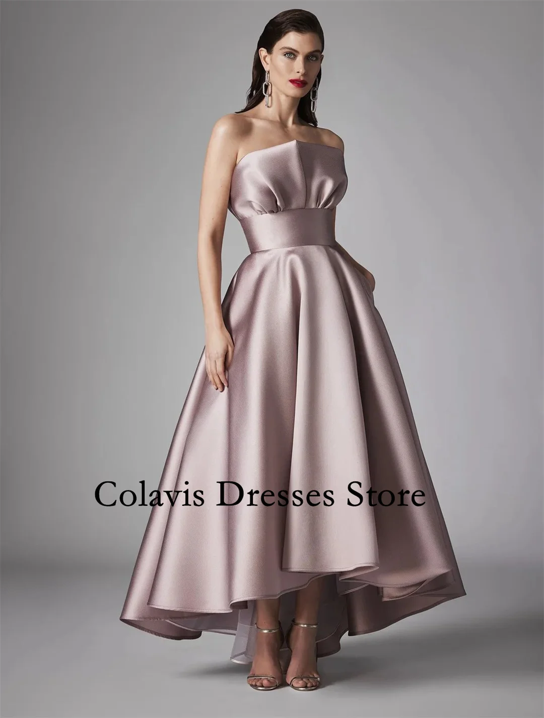 

Colavis Strapless 2024 New Women's Maxi Customized Satin Prom Dress Sleeveless High-low Fashion Celebrity Vintage Party Dress